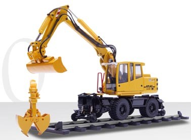 Atlas 1604 wheeled excavator with clam shell, ditching bucket and rail mounted wheels