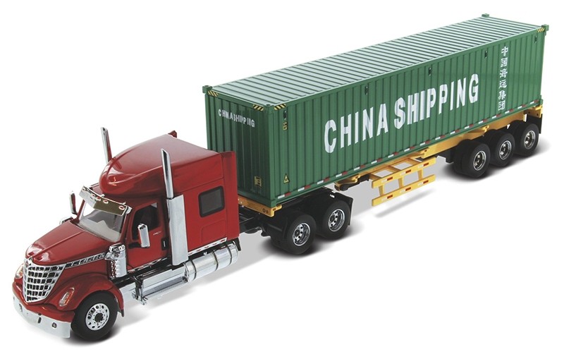 International Lonestar with Sleeper in red and skeletal trailer with 40" China Shipping container