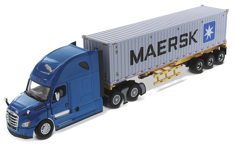 Freightliner New Cascadia with Sleeper in Blue and Skeletal Trailer with MAERSK 40' Shipping Container