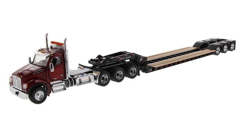 Kenworth T880 SFFA Day Cab Tridem Tractor in Radiant Red with XL 120 Lowboy HDG Trailer - Outrigger Style - with 2 Boosters and Jeep