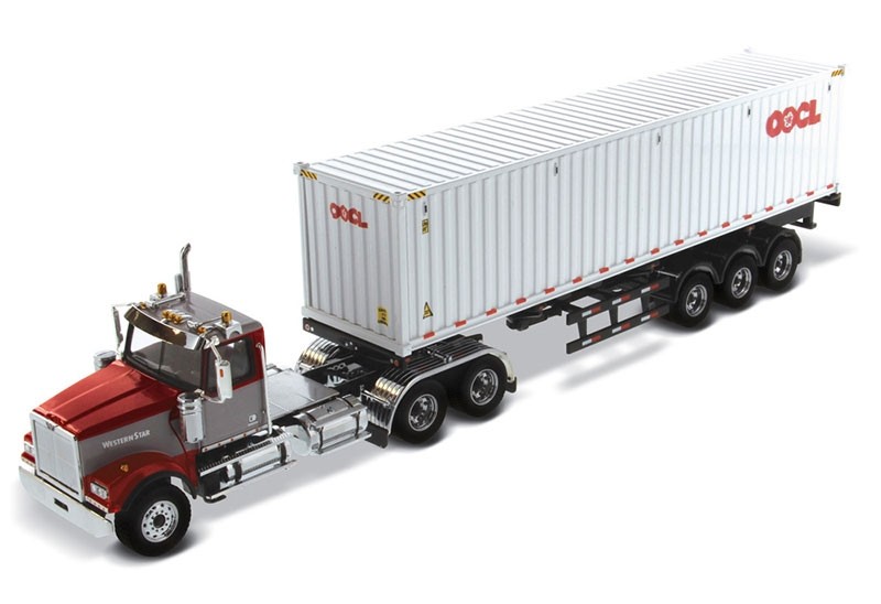 Western Star 4900 SF Day Cab Tandem Tractor in Maroon and Gray with OOCL 40 Dry Good Sea Container