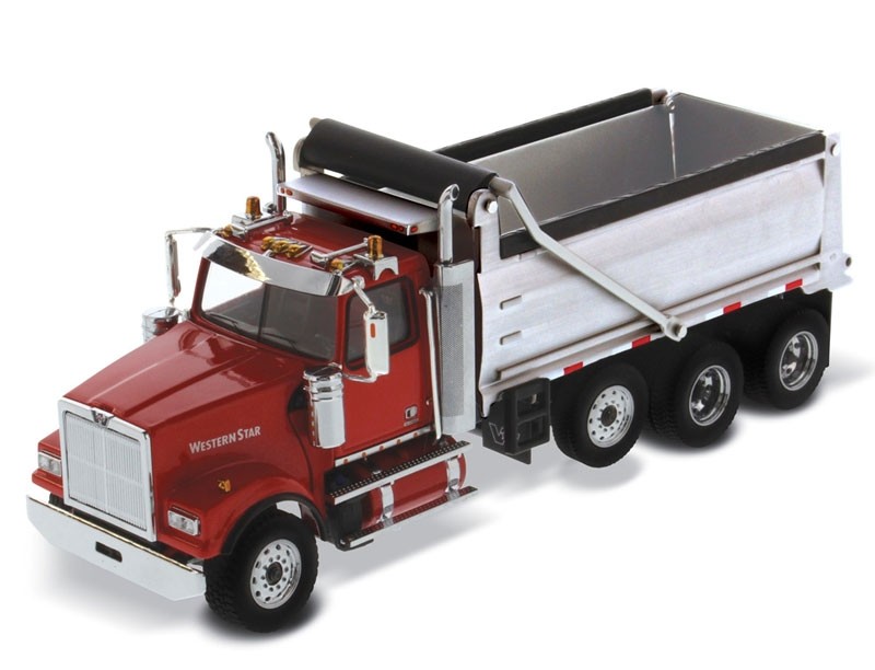 Western Star 4900 SF Dump Truck with Red Cab and Matte Silver Dump Body