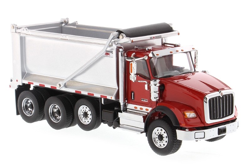 International HX260 Tandem Truck with Pusher Axle in Red with Ox Bodies Stampede Dump Bed