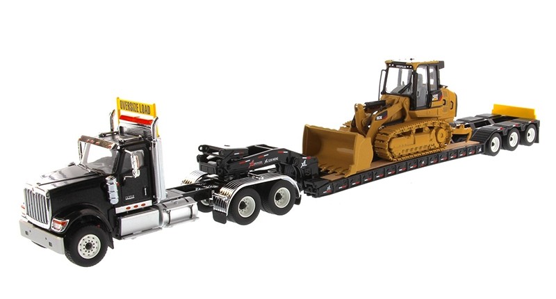 International HX520 Tandem Day Cab Tractor with XL 120 Lowboy Trailer in Black and Cat 963K Track Loader