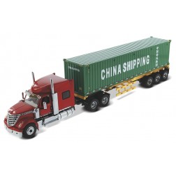 International Lonestar with Sleeper in red and skeletal trailer with 40" China Shipping container