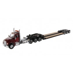 Kenworth T880 SFFA Day Cab Tridem Tractor in Radiant Red with XL 120 Lowboy HDG Trailer - Outrigger Style - with 2 Boosters and Jeep