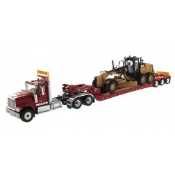 International HX520 Tandem Day Cab Tractor with XL 120 Lowboy Trailer in Red and Cat 12M3 Motor Grader